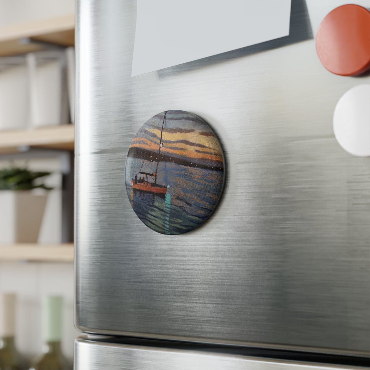 Scenic Button Magnets, Boat Sunset Design, Home Decor, Gifts for Nature Lovers, Refresh Your Fridge & Office