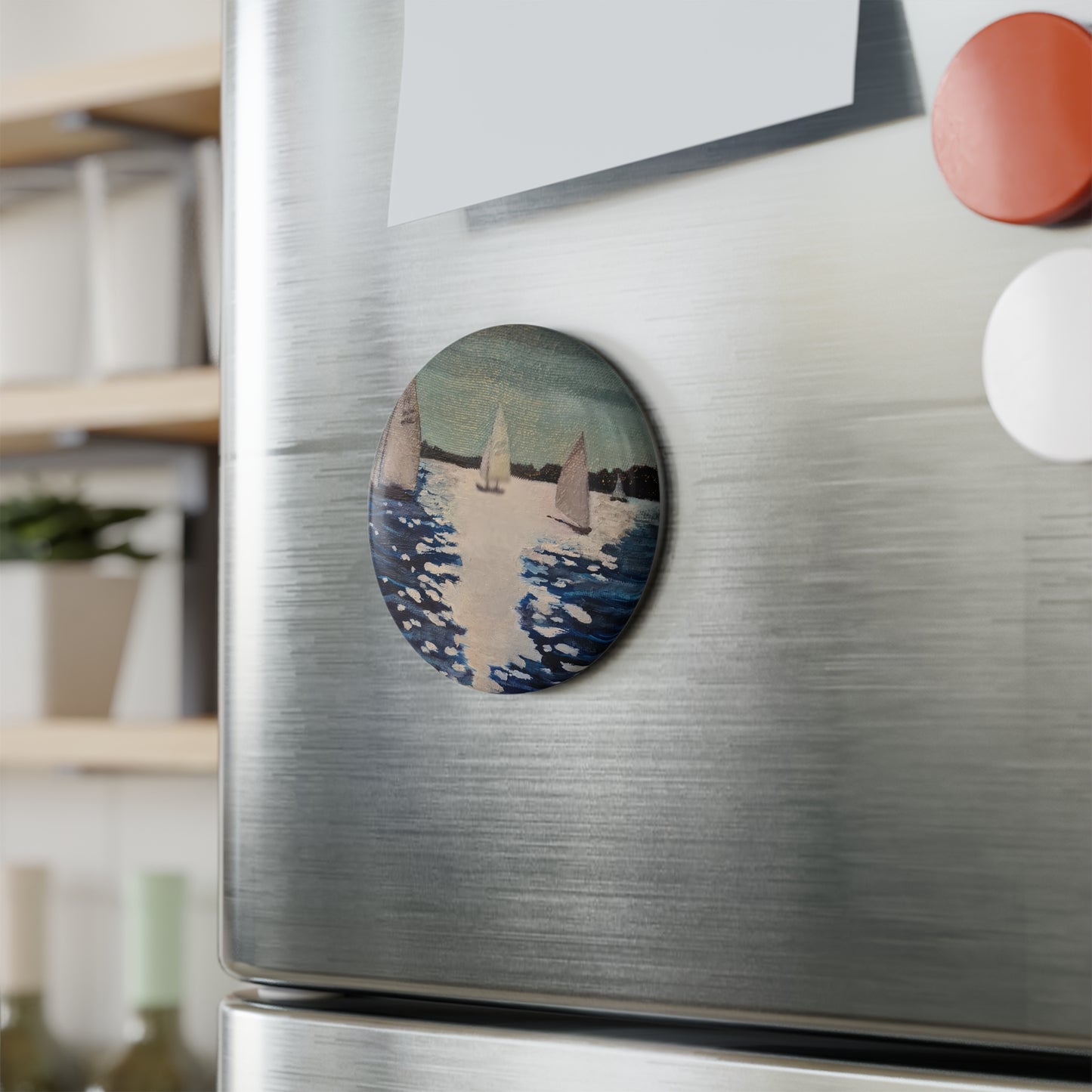 Sailing Scene Button Magnet, Nautical Art, Ocean Home Decor, Gift for Sailor, Beach House Magnet, Coastal Decor