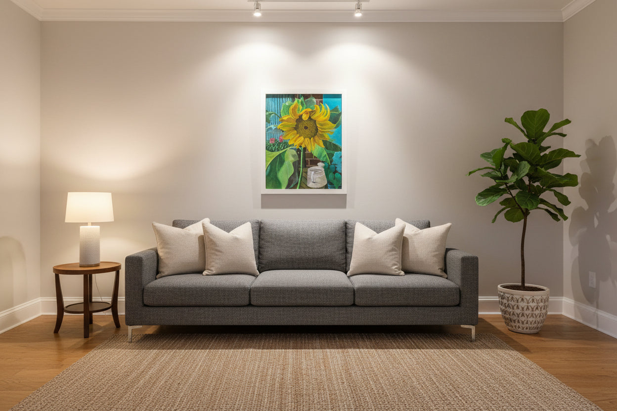 Painting of a sunflower with green leaves and a blurred background