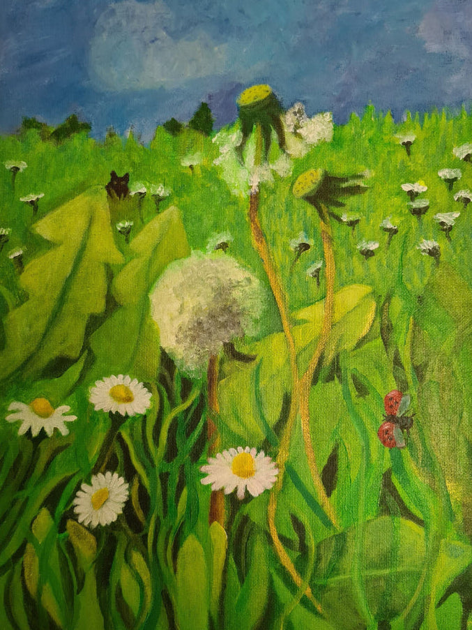 Painting of a field with dandelions and flowers under a blue sky.