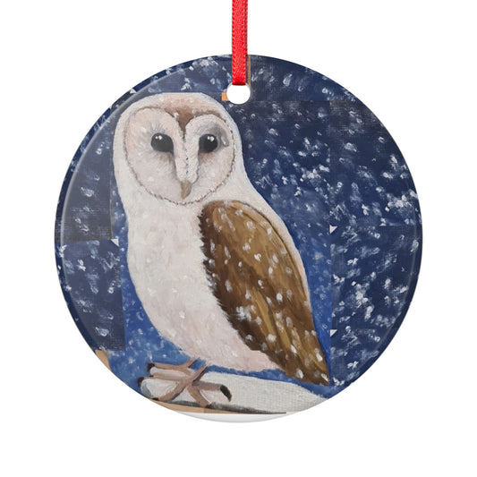 Keramik-Ornament Schleiereule – Winter-Schnee rundes Ornament (zweiseitig)