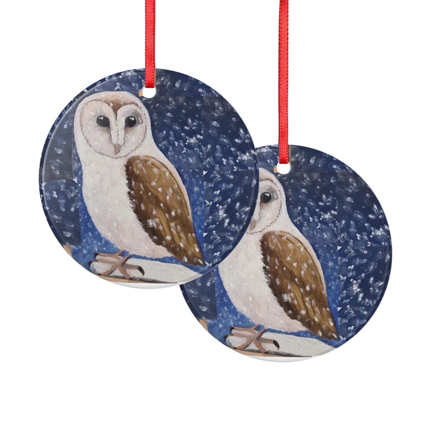 Keramik-Ornament Schleiereule – Winter-Schnee rundes Ornament (zweiseitig)