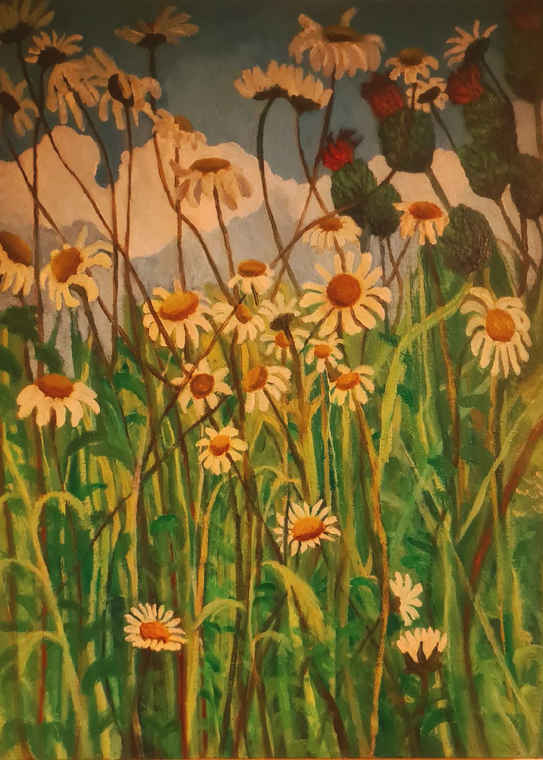 Painting of a field of flowers with green grass and a blue sky.