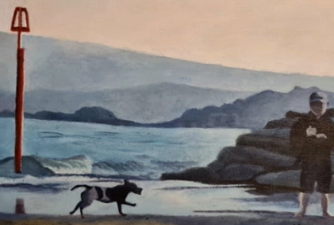 Painting of a person with a dog on a beach with hills in the background