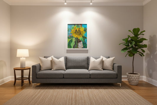 Painting of a sunflower with green leaves and a blurred background
